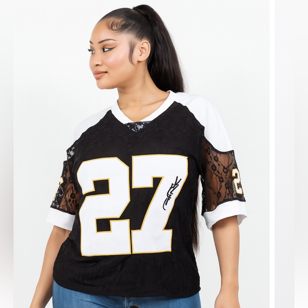 Black and White Lace Sleeve Women's Top